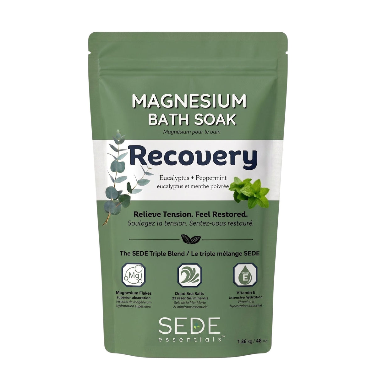SEDE Recovery Magnesium Bath Soak with Eucalyptus and Peppermint stand up pouch packaging